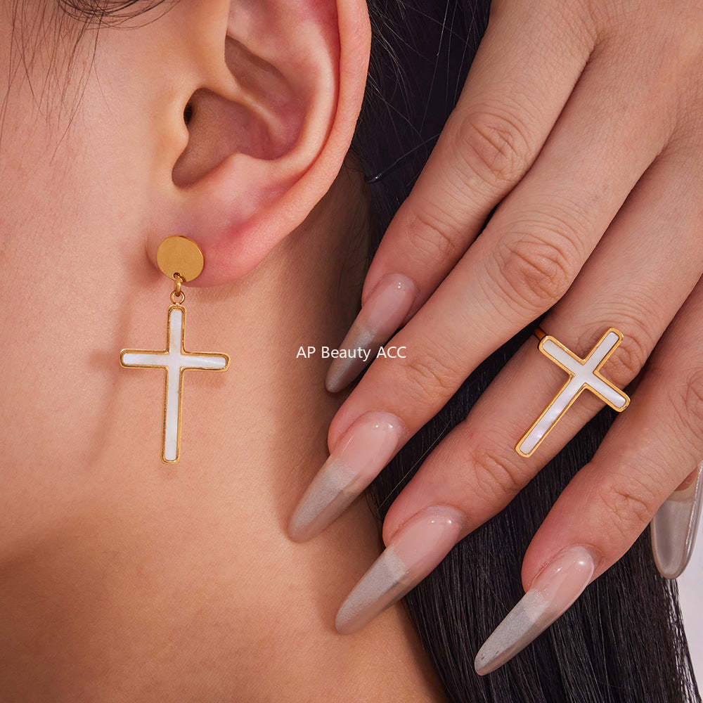 D관 - 스테인리스 스틸 18K 도금 자개 십자가 펜던트 반지 귀걸이 [TXA365-TXF365-D369] 25.08-5