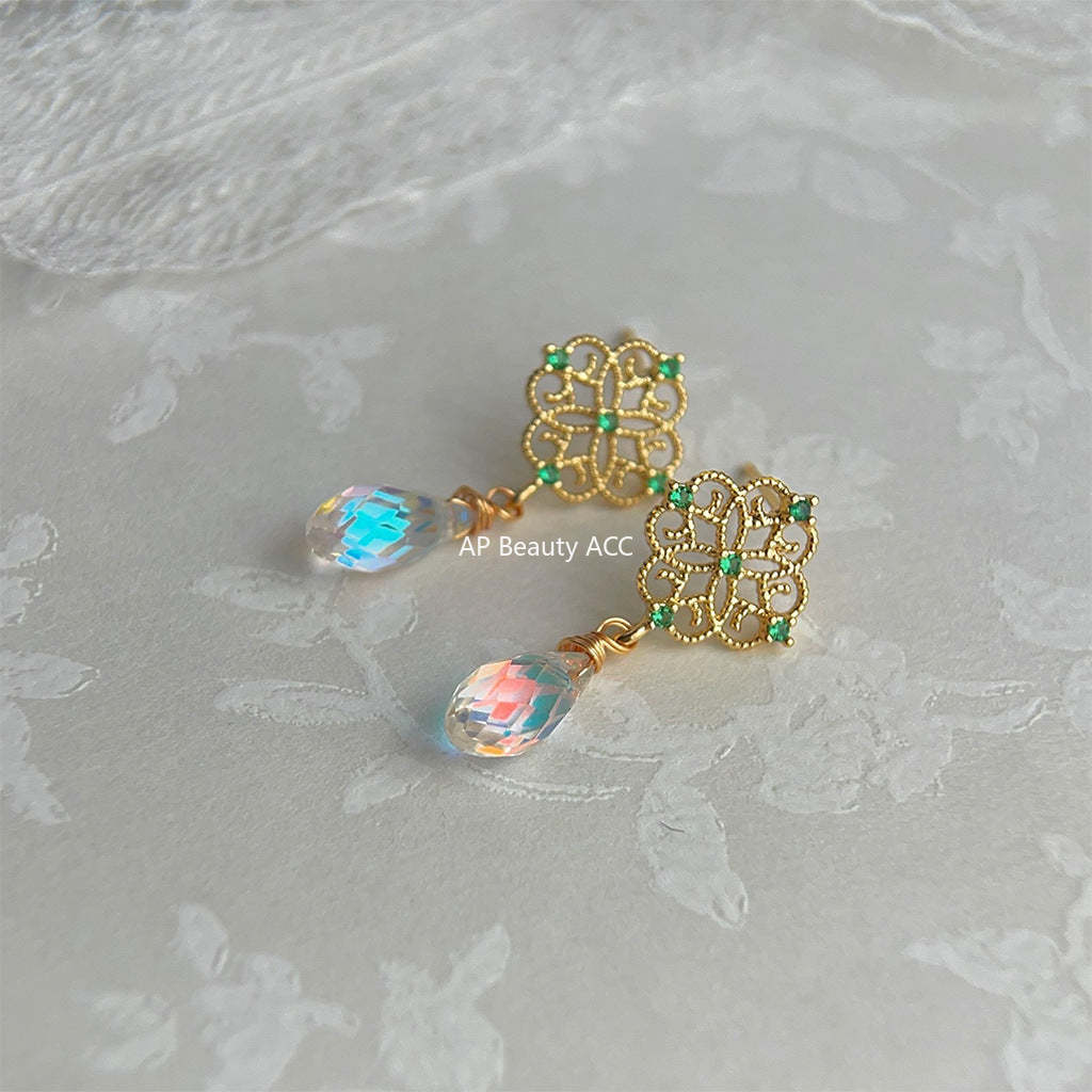 C관 - 14K 도금 프렌치 복고풍 미니 큐빅 꽃 유리 크리스탈 귀걸이 [4181] 24.05-5