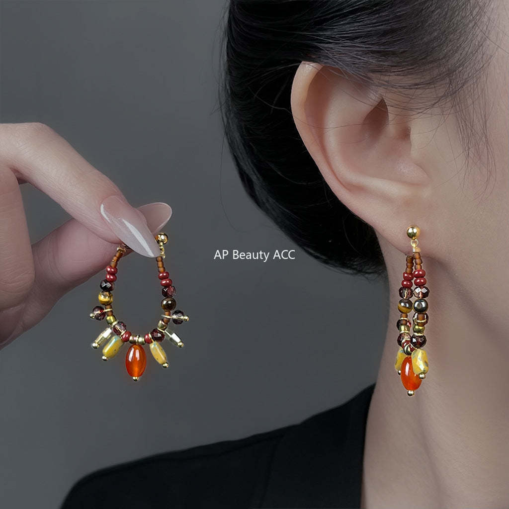 C관 - 925 은침 핸드메이드 글라스 천연석 호안석 홍마노 귀걸이 [6969] 25.10-5