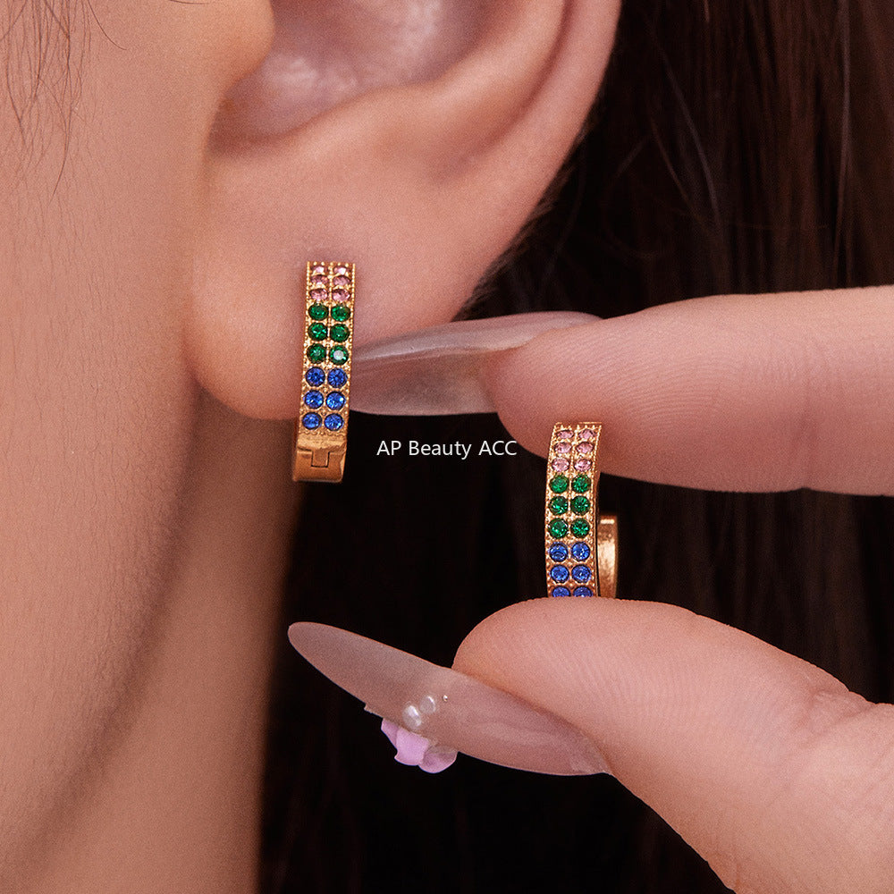 D관 - 스테인리스 18K 도금 C자형 멀티컬러 큐빅 귀걸이 [F798] 25.11-1