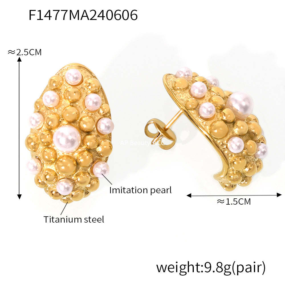 D관 - 티타늄 스틸 18K 도금 모조 진주 기하학적 디자인 캐주얼 감성 귀걸이 [F1477] 24.06-2