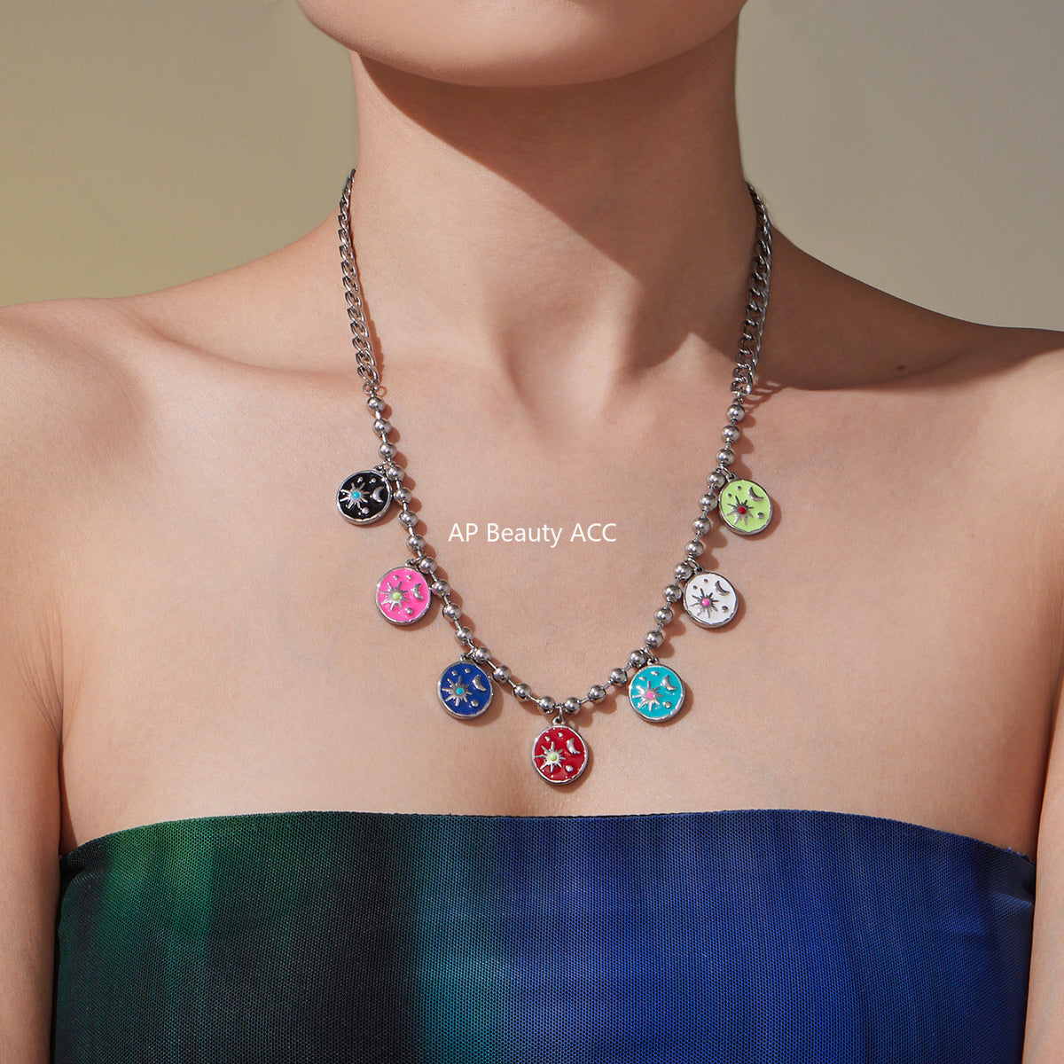 D관 - 스테인리스 스틸 에나멜 해 달 원형 펜던트 목걸이 [P158] 25.10-3