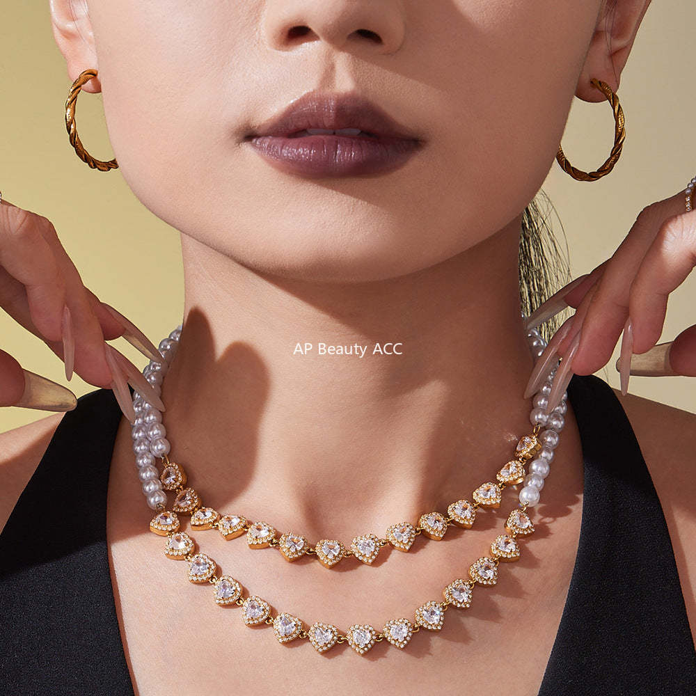 D관 - 18K 도금 스테인리스 스틸 핸드메이드 진주 하트 큐빅 목걸이 [P1735] 25.10-4