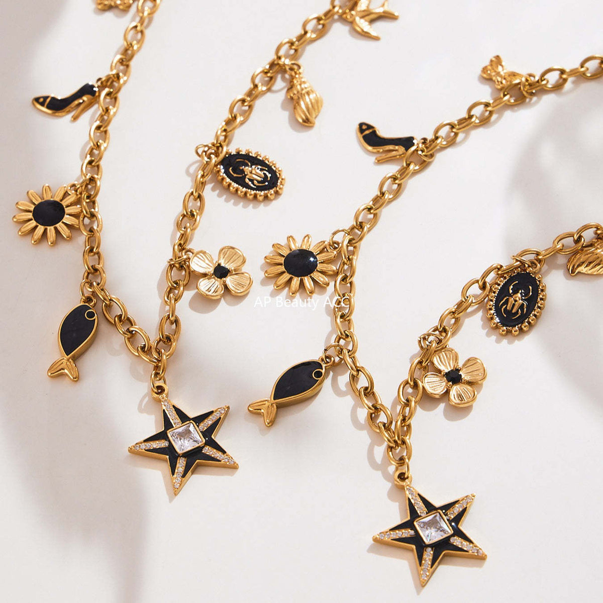 D관 - 18K 도금 스테인리스 스틸 큐빅 별 멀티 펜던트 목걸이 [P081] 25.10-2