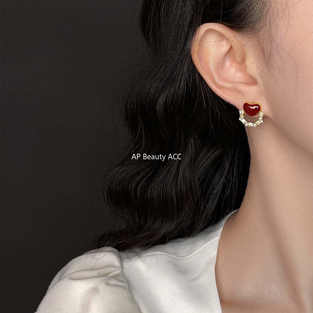 C관 - 925 은침 큐빅 버건디 하트 14K 도금 진주 큐빅 귀걸이 [6251] 25.06-4