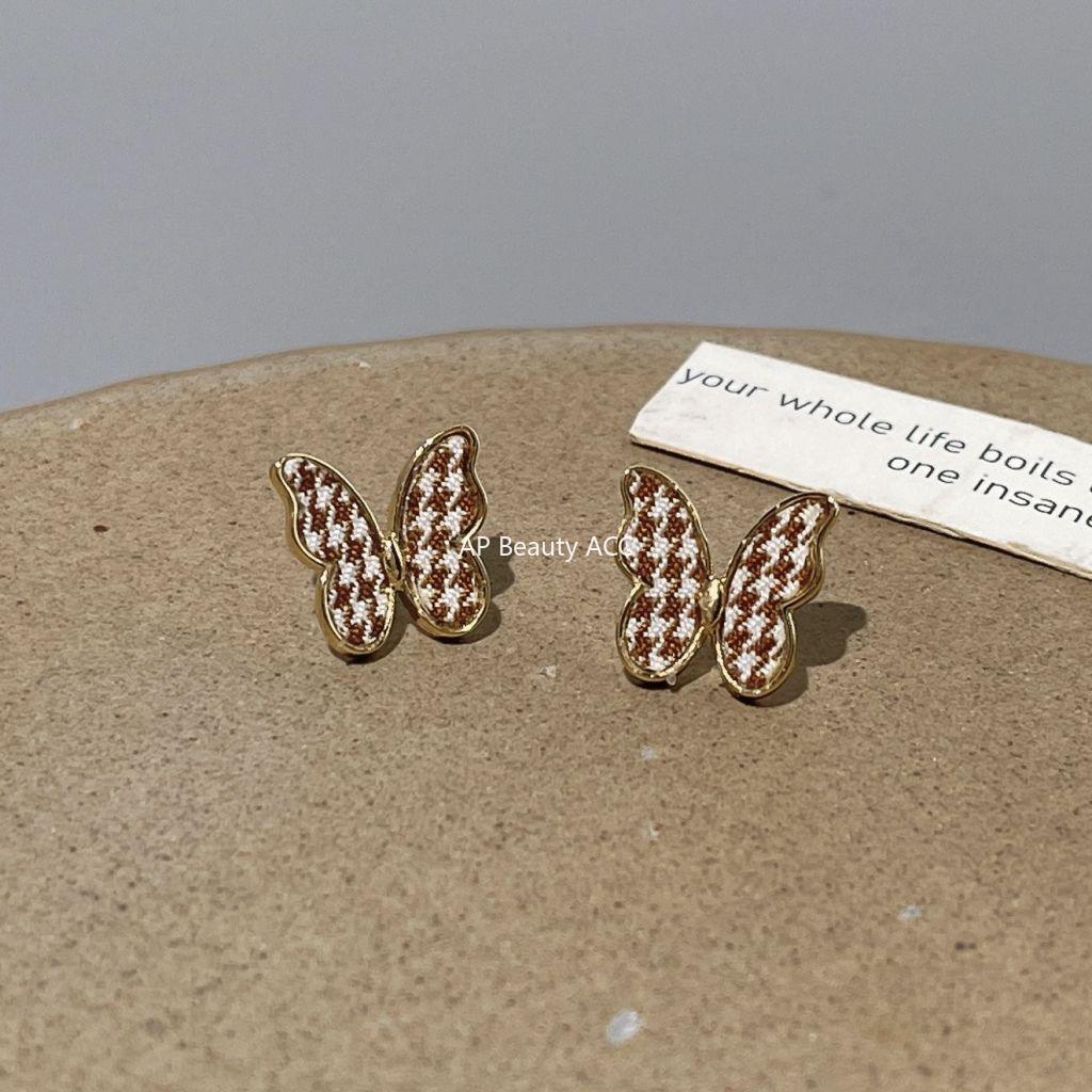 C관 - 작은 체크무늬 리본 디자인 패브릭 고급스러운 은침 귀걸이 [629] 24.03-4