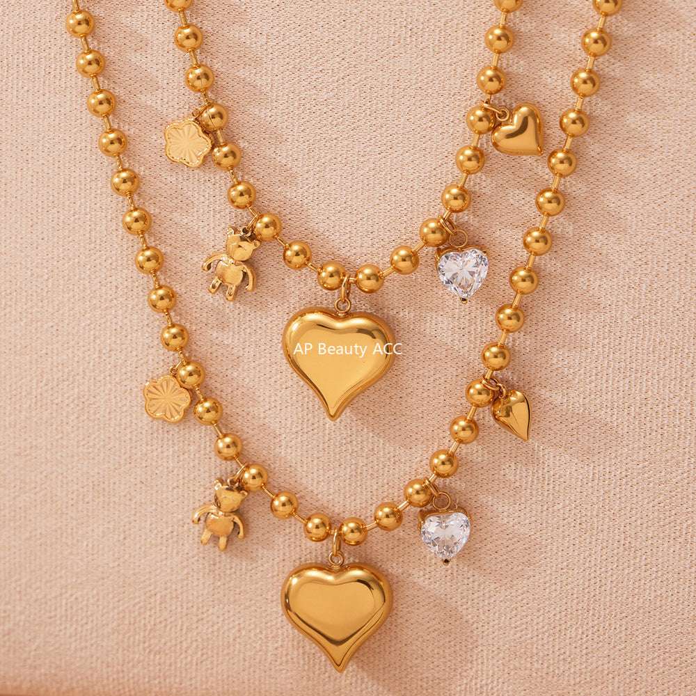 D관 - 스테인리스 스틸 18K 도금 큐빅 하트 곰 펜던트 목걸이 [P1032] 25.10-3