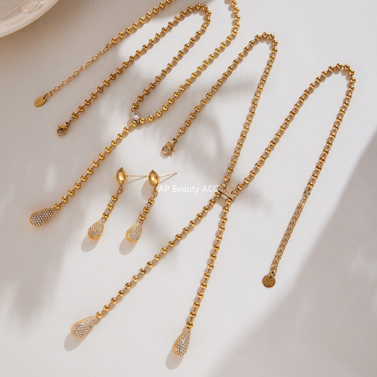 D관 - 18K 골드 도금 스테인리스 스틸 물방울 큐빅 비즈 체인 목걸이 귀걸이 [TXP419-TXF419] 25.10-1