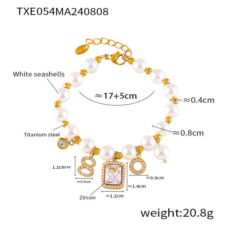 D관 - 레트로 기하학 숫자 펜던트 자개 비즈 팔찌 티타늄 스틸 18K 도금 목걸이 [TXP054-TXE054] 24.08-3