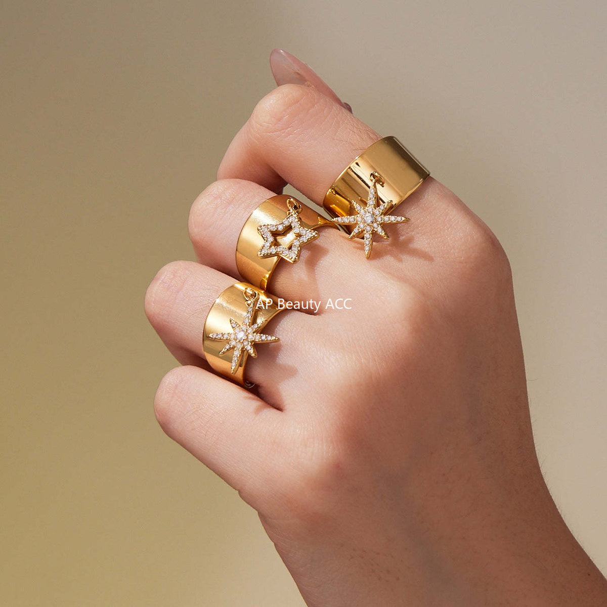 D관 - 스테인리스 스틸 와이드 별 큐빅 18K 골드 도금 오픈형 반지 [A074] 25.09-4