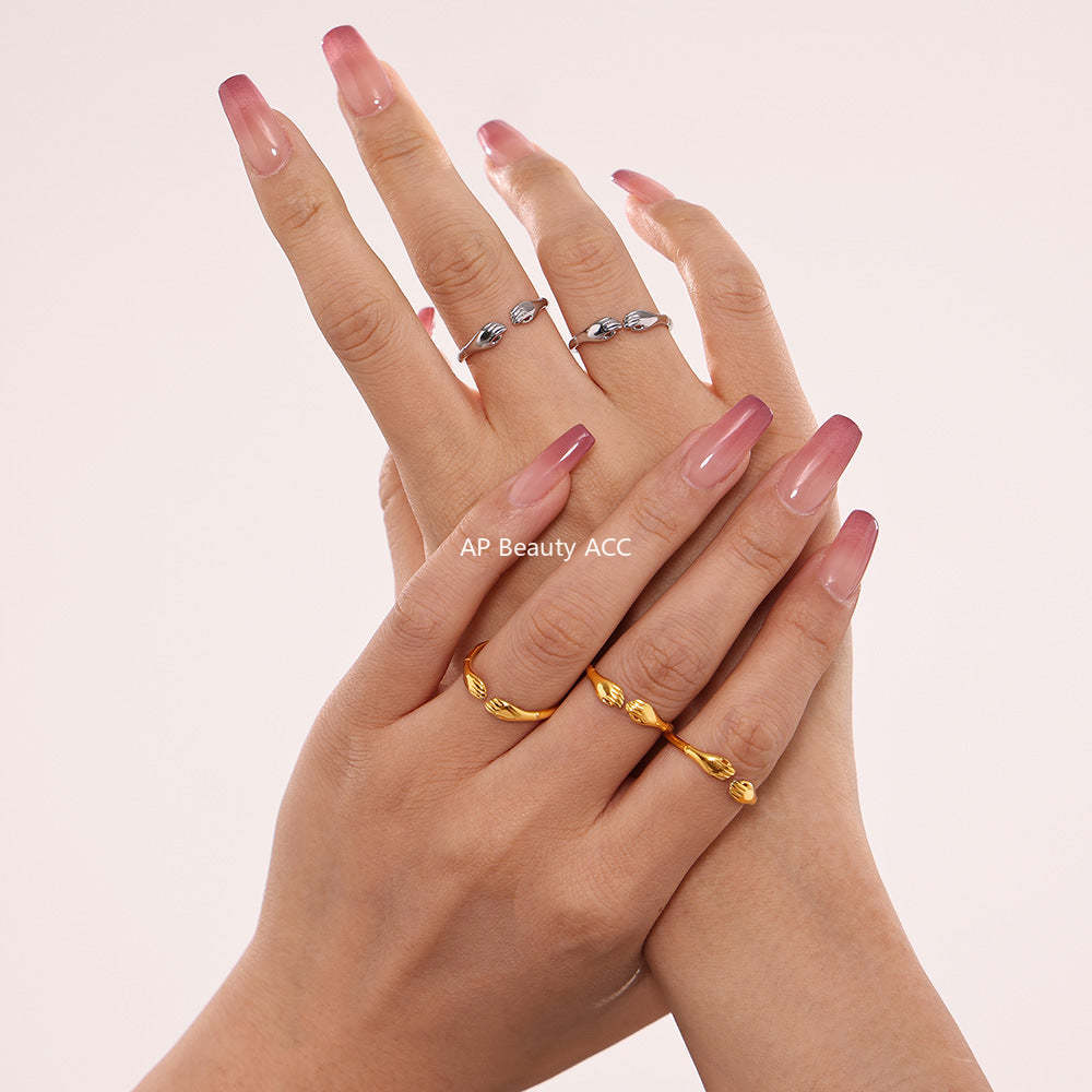 D관 - 더블 핸드 허그 디자인 스테인리스 스틸 PVD 18K 도금 반지 [A105] 24.11-2