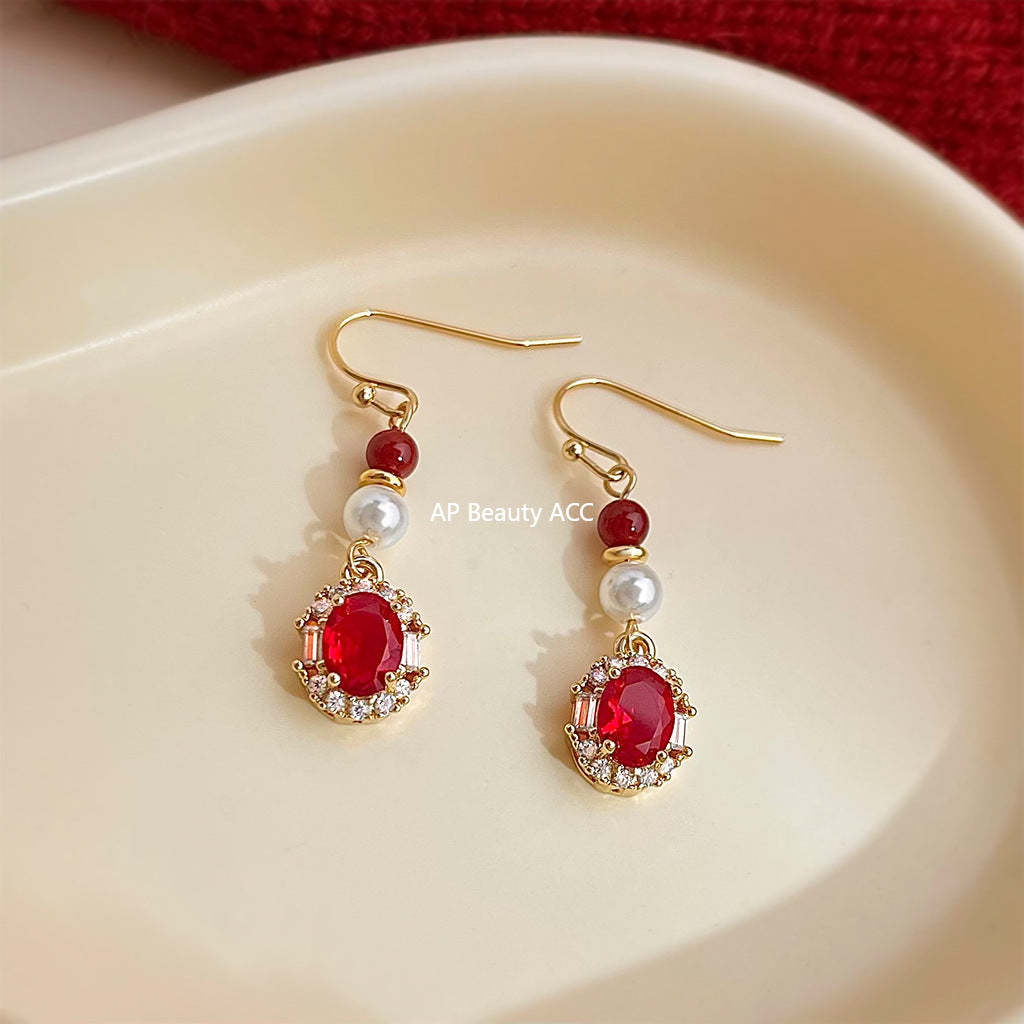 C관 - 풀큐빅 홍마노 진주 롱 드롭 핸드메이드 귀걸이 [7028] 25.11-1