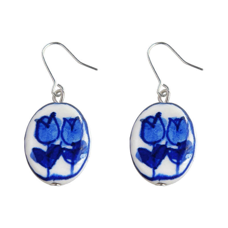 C관 - 청화 도자기 수공예 손그림 고전적 꽃 귀걸이 [3762] 24.04-1