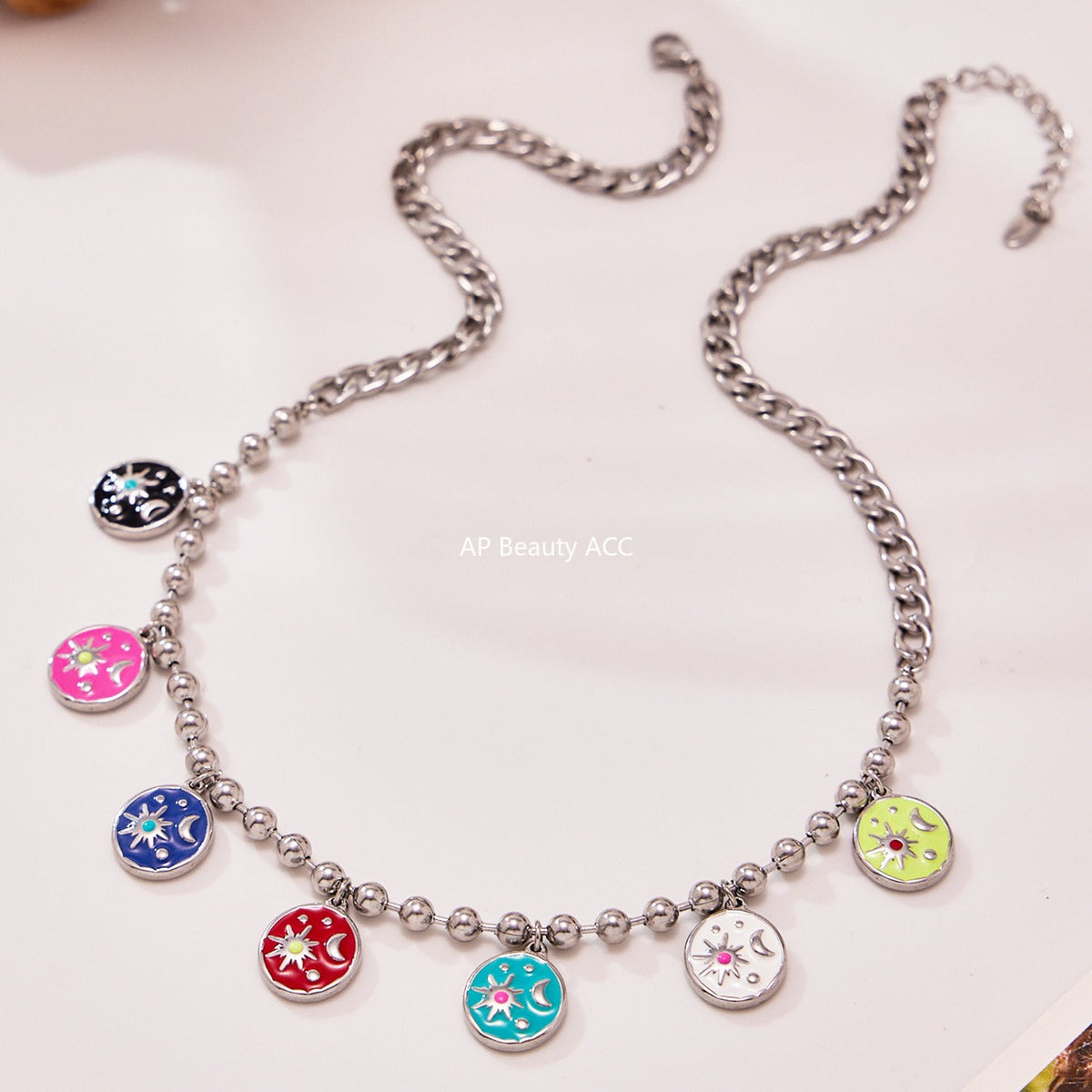 D관 - 스테인리스 스틸 에나멜 해 달 원형 펜던트 목걸이 [P158] 25.10-3