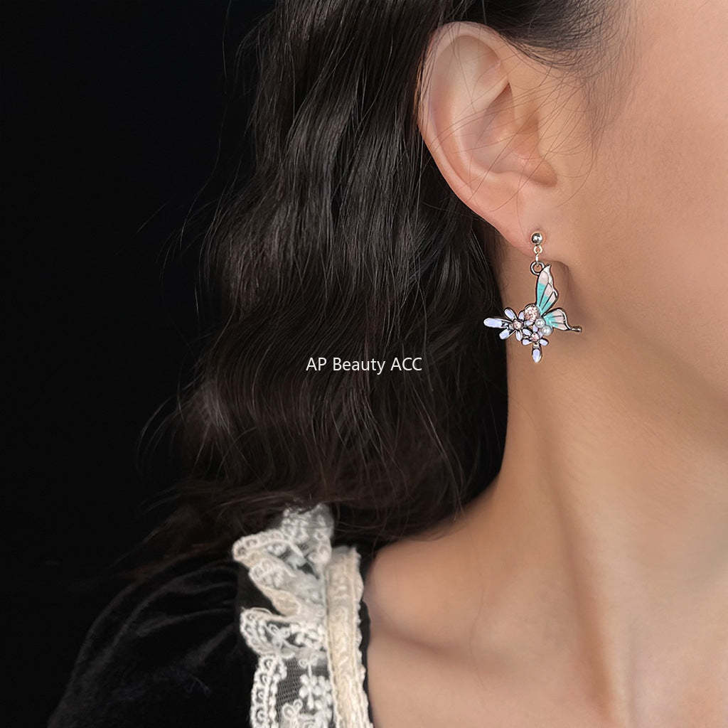C관 - 에나멜 글레이징 컬러 나비 큐빅 진주 귀걸이 [5773] 25.03-4