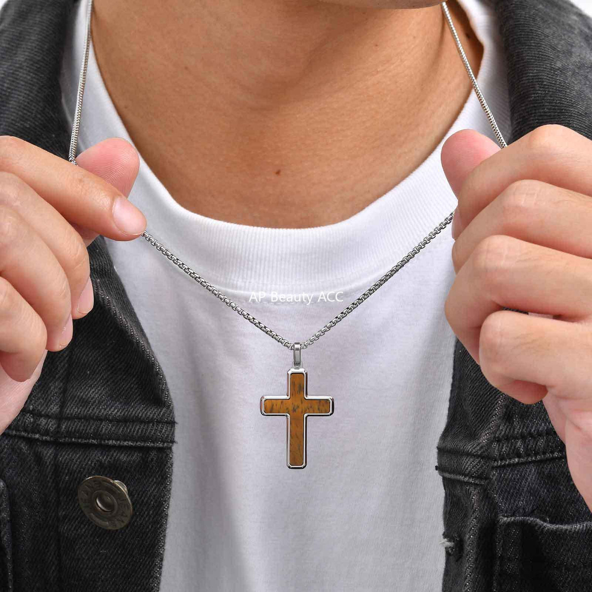 G관 - 스테인리스 스틸 십자가 터키석 호안석 펜던트 목걸이 [PN-2224] 25.12-2