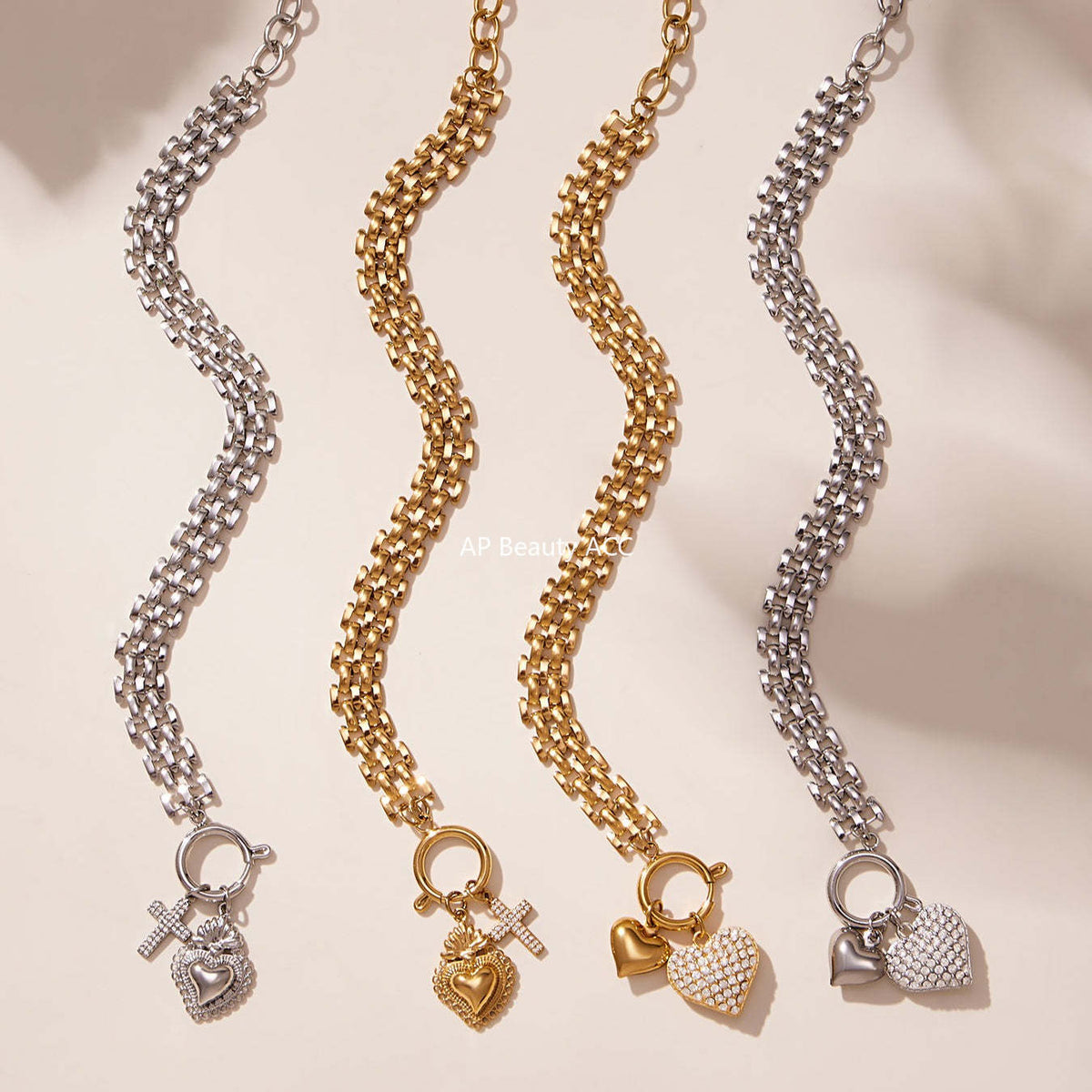 D관 - 하트 풀큐빅 펜던트 체인 스테인리스 스틸 목걸이 팔찌 [TXP476] 25.11-3