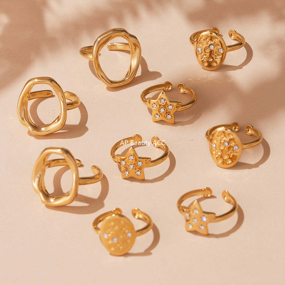 D관 - 불규칙 원형 오각별 큐빅 18K 골드 도금 오픈 반지 [A276-A335] 25.09-4