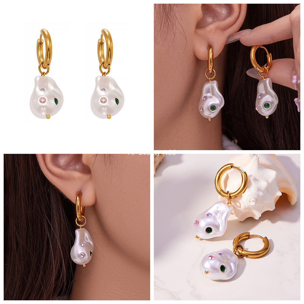 D관 - 스테인리스 18K 도금 진주 컬러 큐빅 귀걸이 [F810] 25.11-1