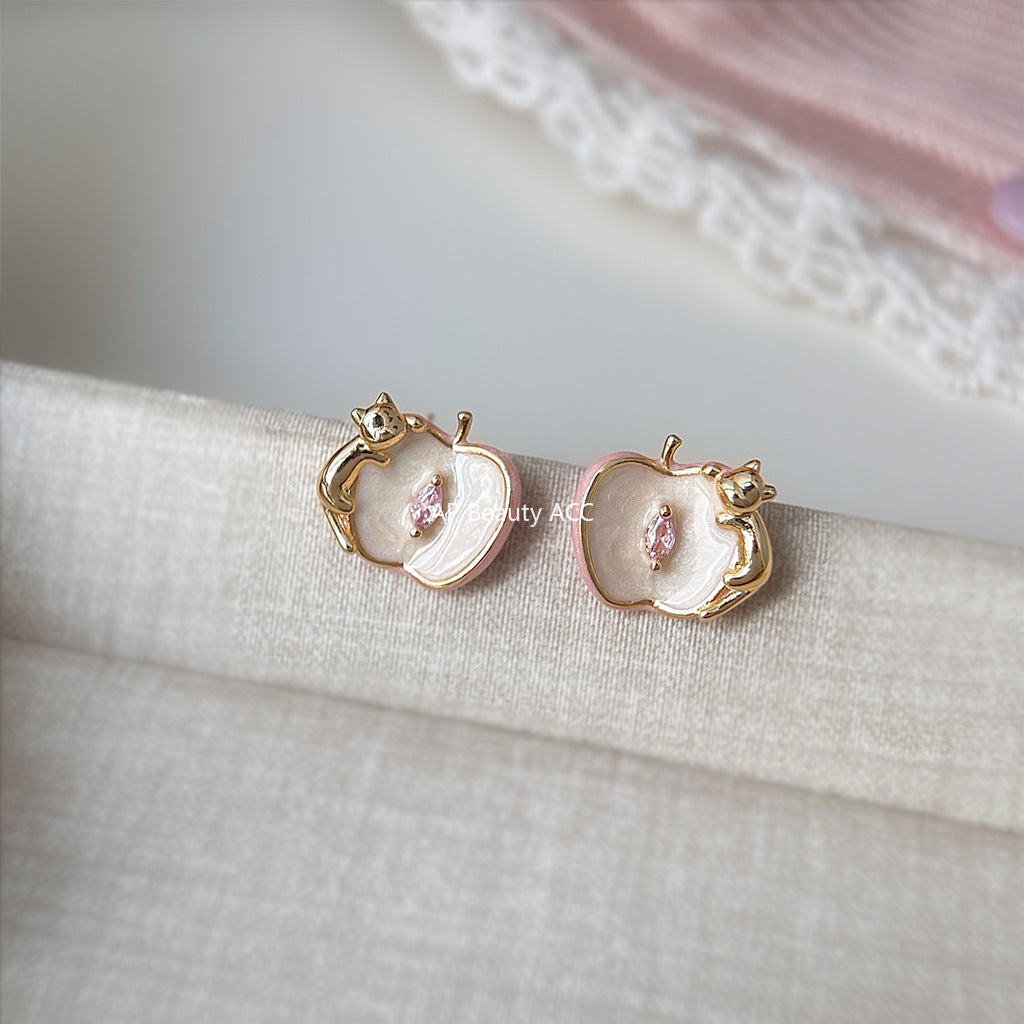 C관 - 925 은침 사과 고양이 큐빅 귀걸이 [6895] 25.10-2