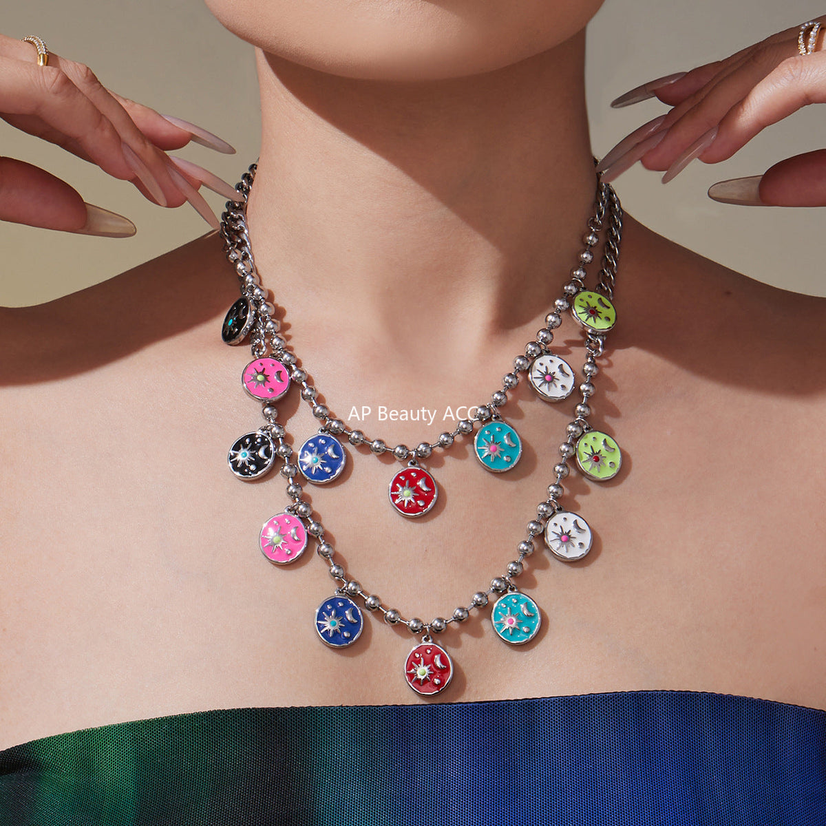 D관 - 스테인리스 스틸 에나멜 해 달 원형 펜던트 목걸이 [P158] 25.10-3