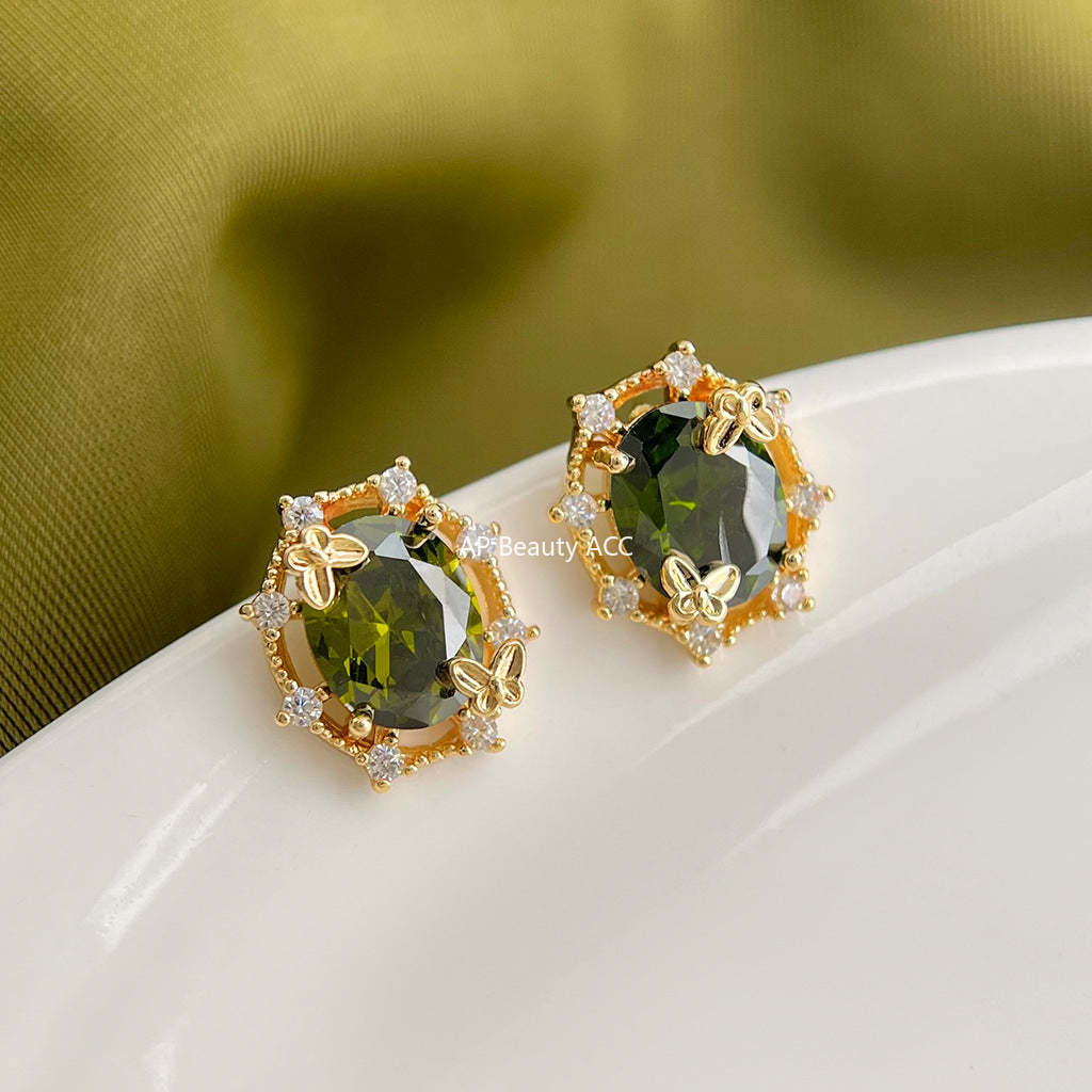C관 - 14K 도금 925 은침 올리브 그린 큐빅 나비 귀걸이 [5586] 25.02-3