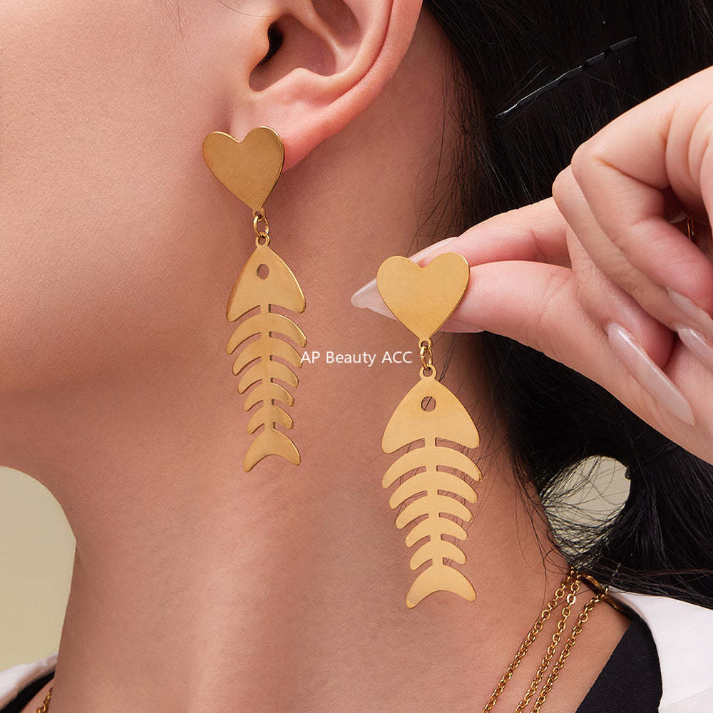 D관 - 스테인리스 18K 도금 물고기뼈 하트 디자인 목걸이 귀걸이 반지 [TXP459] 25.10-5