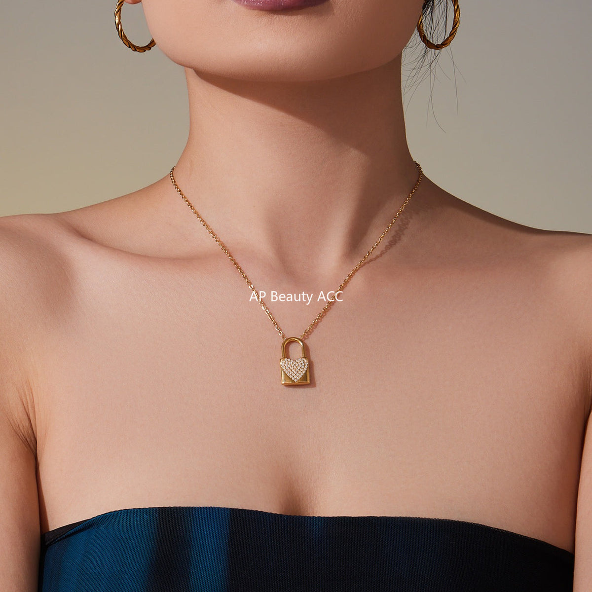 D관 - 18K 골드 도금 스테인리스 스틸 큐빅 하트 자물쇠 펜던트 목걸이 [P061] 25.10-1