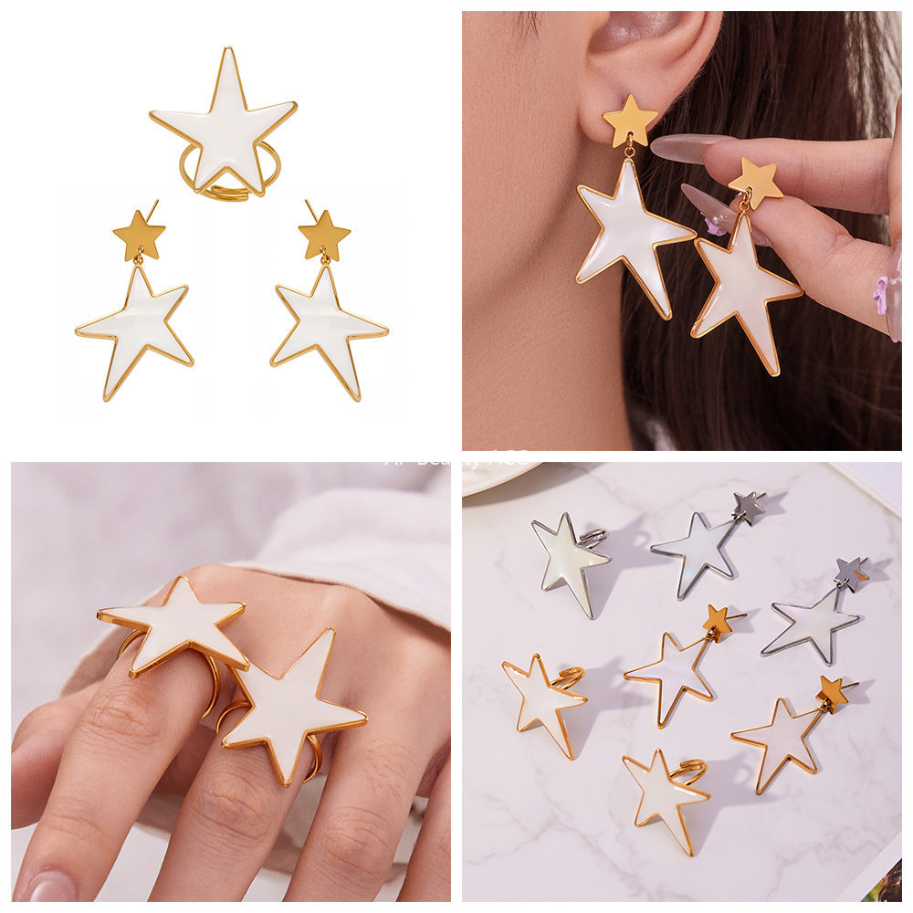 D관 - 스테인리스 18K 도금 천연 자개 대형 오각별 반지 귀걸이 [TXF460] 25.11-1