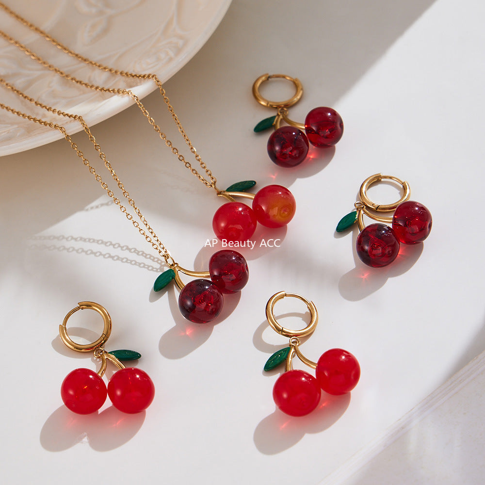 D관 - 스테인리스 스틸 체리 과일 펜던트 목걸이 귀걸이 [TXP423-TXF423] 25.10-2
