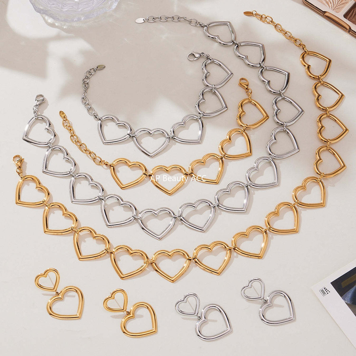 D관 - 18K 도금 스테인리스 스틸 하트 연결 디자인 귀걸이 목걸이 팔찌 [TXP452] 25.10-4