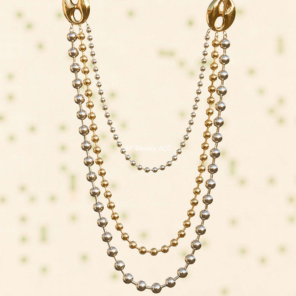 D관 - 투톤 하트 라운드 비즈 체인 레이어드 스테인리스 목걸이 [P1853] 25.11-3