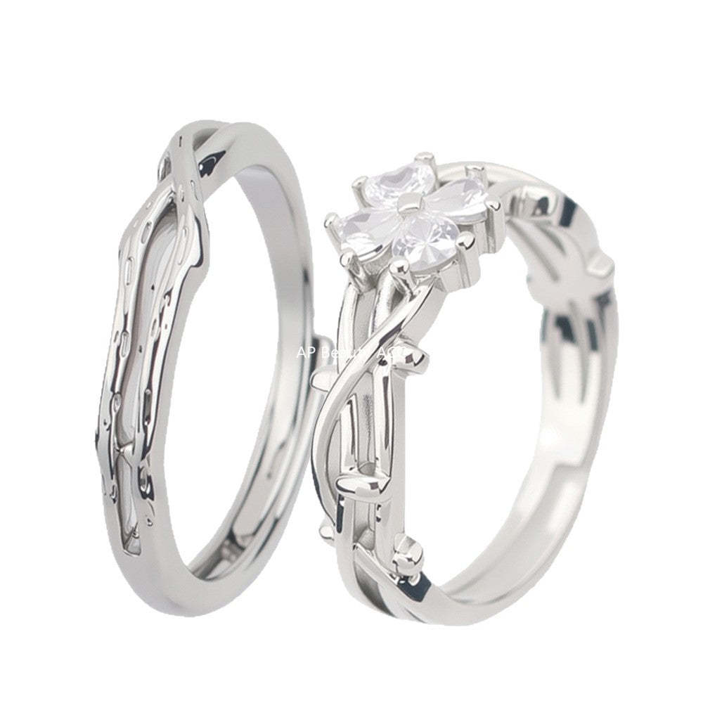 G관 - 나무가지 모양 하트 네잎클로버 큐빅 커플 반지 [J1648] 25.11-4