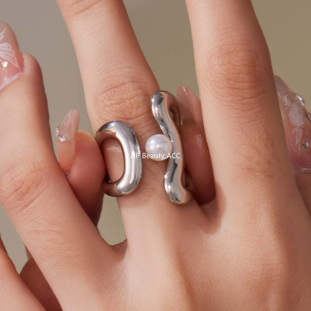 D관 - 스테인리스 스틸 기하학 라인 진주 오픈형 반지 [A388-A645] 25.09-4