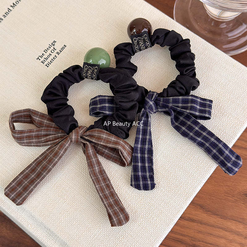 E관 - 체크 스트라이프 리본 방울 곱창 헤어밴드 [27488] 25.09-4