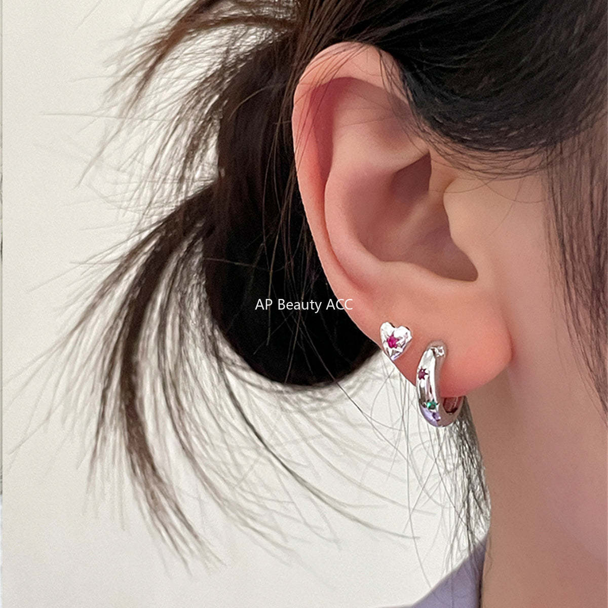 A관 - 큐빅 하트 오각별 925 은침 귀걸이 [EH-3625] 25.06-3