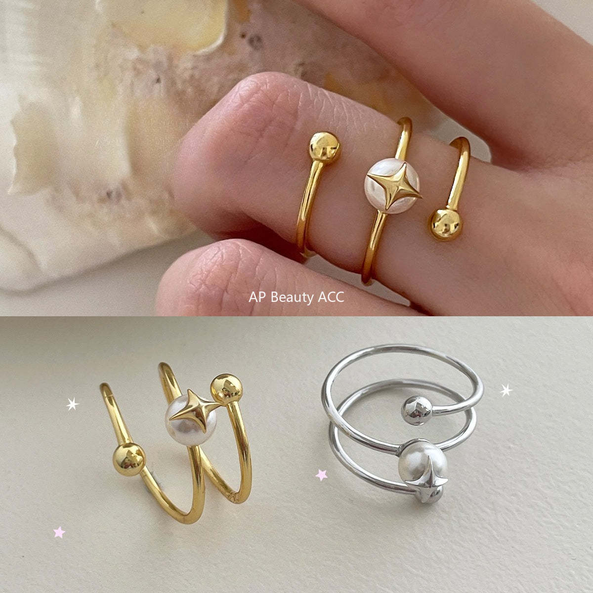 A관 - 925 실버 진주 사각별 회전 라인 디자인 반지 [JZ-0715] 25.10-5