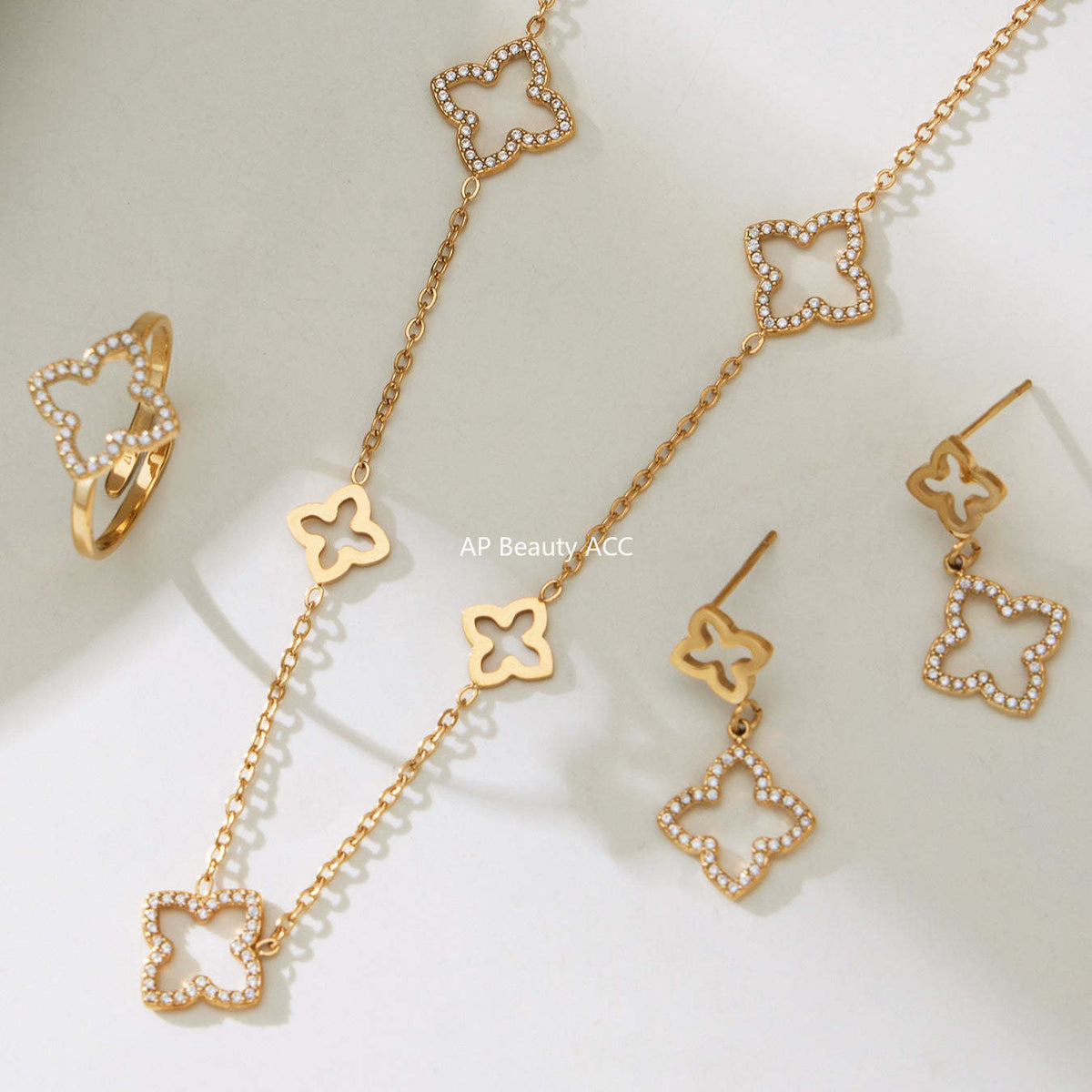 D관 - 스테인리스 스틸 클로버 플라워 풀큐빅 18K 도금 목걸이 귀걸이 반지 [TXP505] 25.12-1