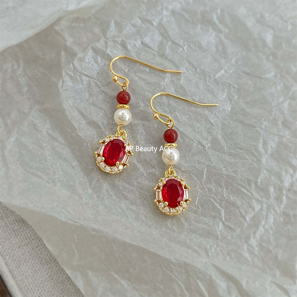 C관 - 풀큐빅 홍마노 진주 롱 드롭 핸드메이드 귀걸이 [7028] 25.11-1