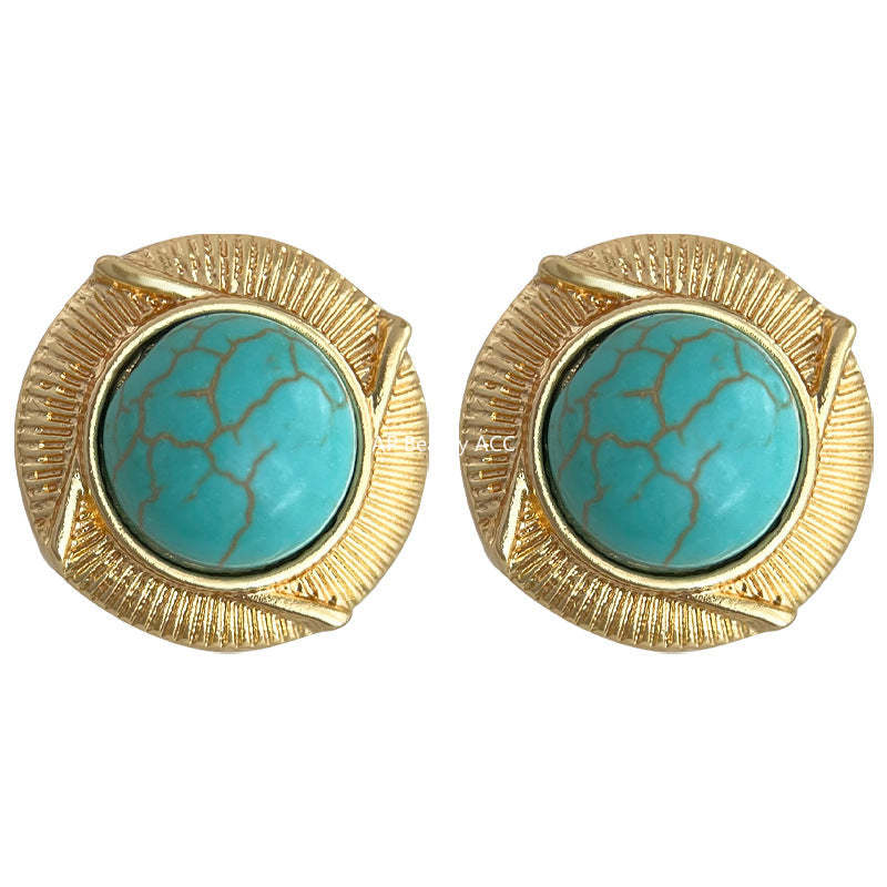 C관 - 복고풍 합성 터키석 14K 도금 원형 귀걸이 [4308] 24.06-4