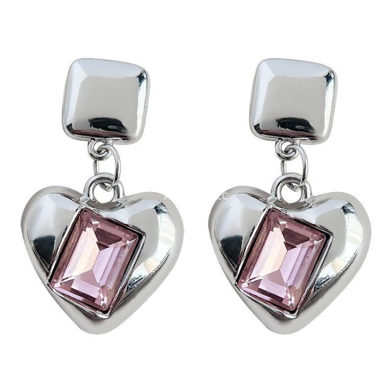 C관 - 상큼한 분홍색 유리 크리스탈 하트 은침 귀걸이 [3682] 24.03-5