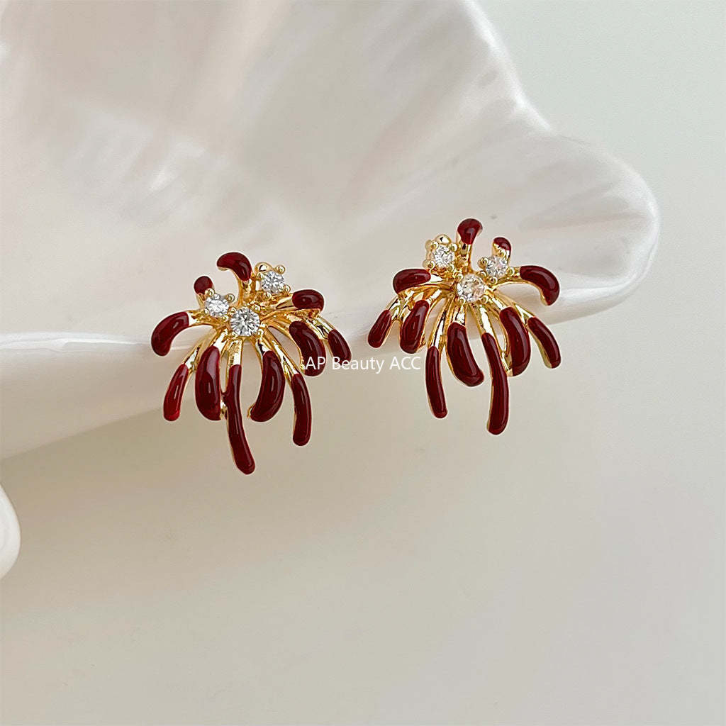 C관 - 925 은침 레드 폭죽 모양 큐빅 귀걸이 [7248] 25.12-3