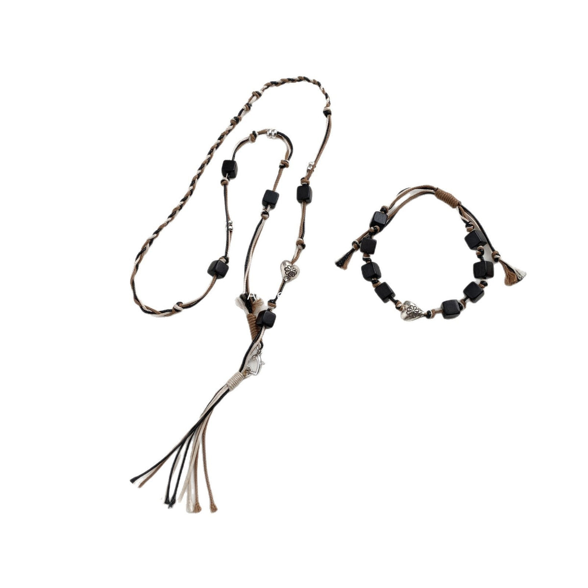 A관 - 925 실버 핸드메이드 흑단 하트 플라워 매듭 팔찌 목걸이 [1401] 25.10-2