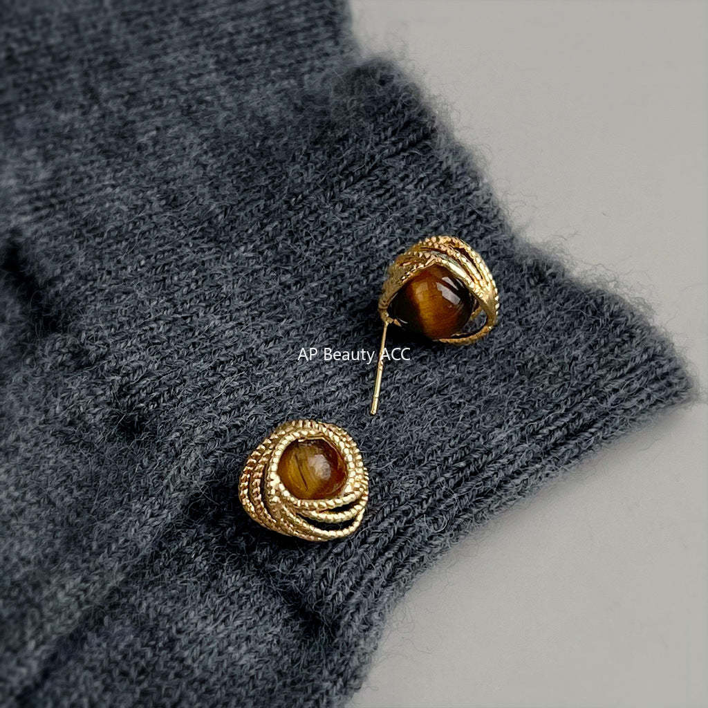 C관 - 천연석 호안석 원형 925 은침 귀걸이 [6826] 25.09-4