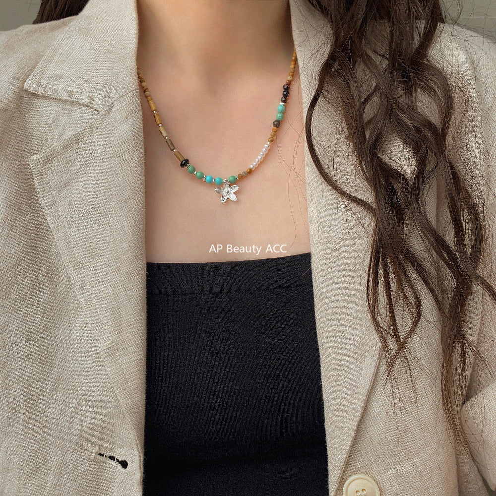 A관 - 925 실버 핸드메이드 진주 플라워 재스퍼 아게이트 팔찌 목걸이 [1540] 25.11-2