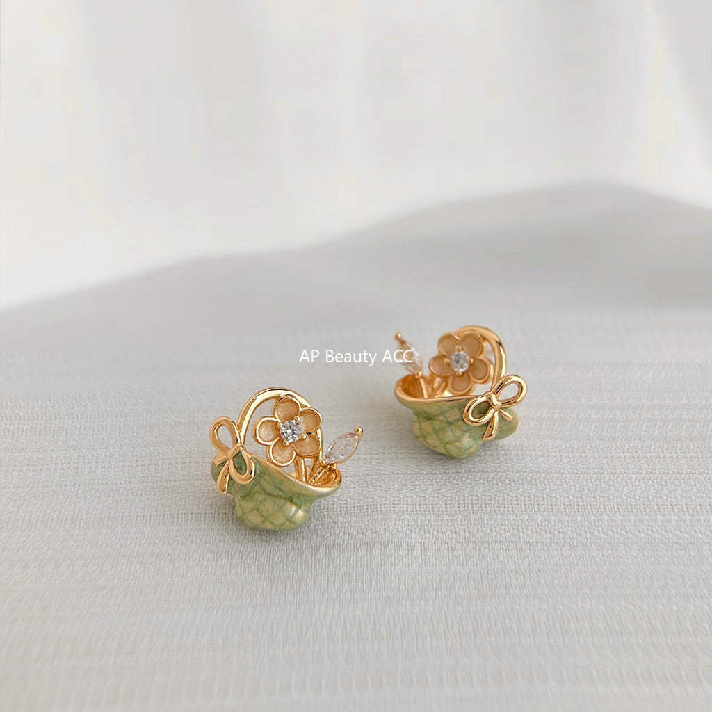 C관 - 925 은침 핸드페인팅 미니 큐빅 플라워 바구니 귀걸이 [6987] 25.10-5