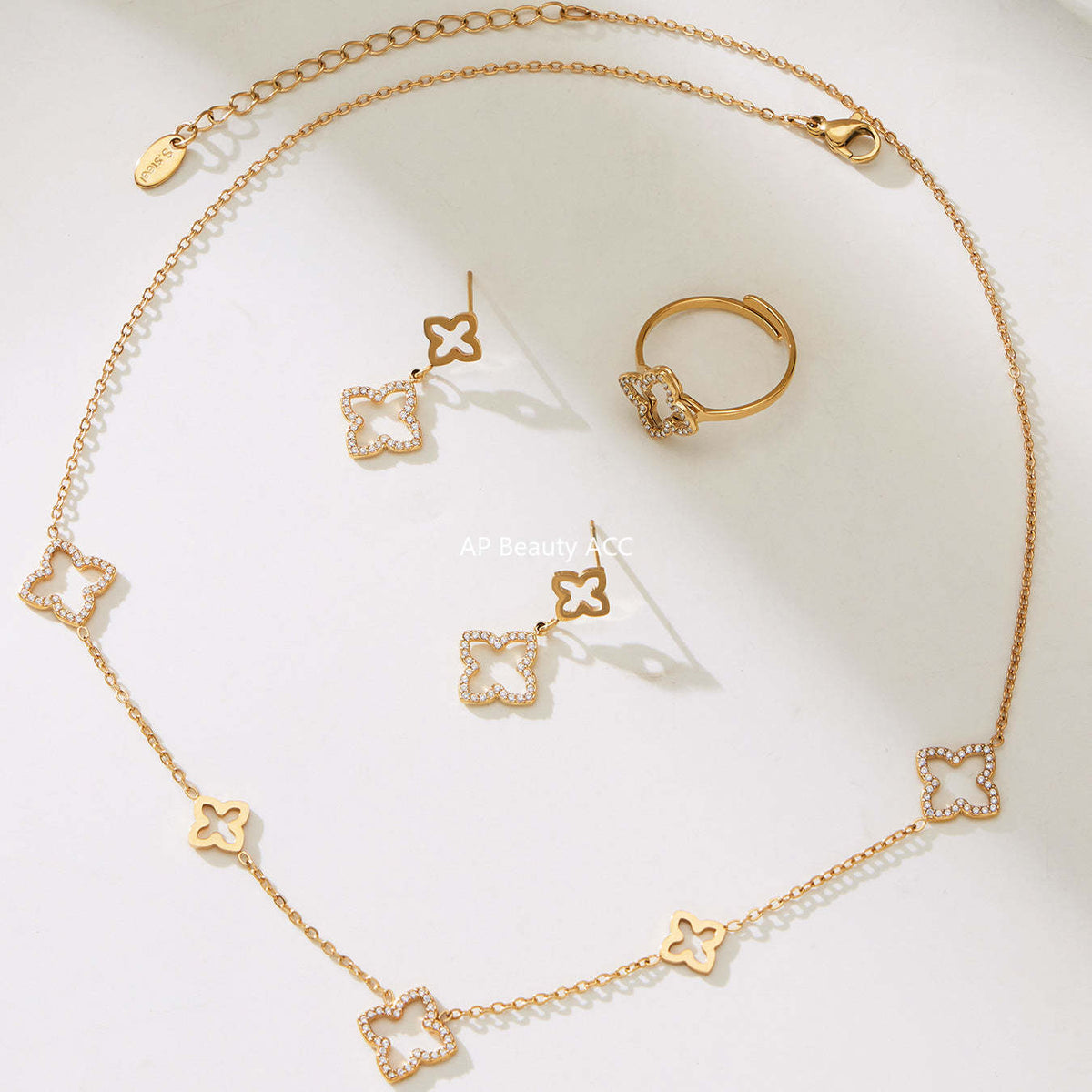 D관 - 스테인리스 스틸 클로버 플라워 풀큐빅 18K 도금 목걸이 귀걸이 반지 [TXP505] 25.12-1