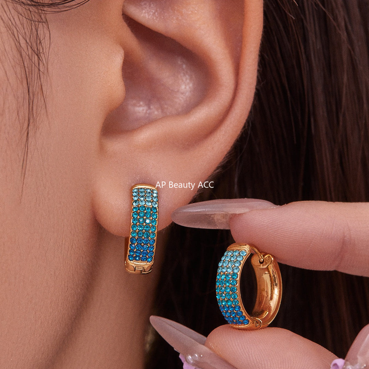 D관 - 스테인리스 컬러 믹스 큐빅 18K 도금 후프 링 귀걸이 [F931] 25.11-2