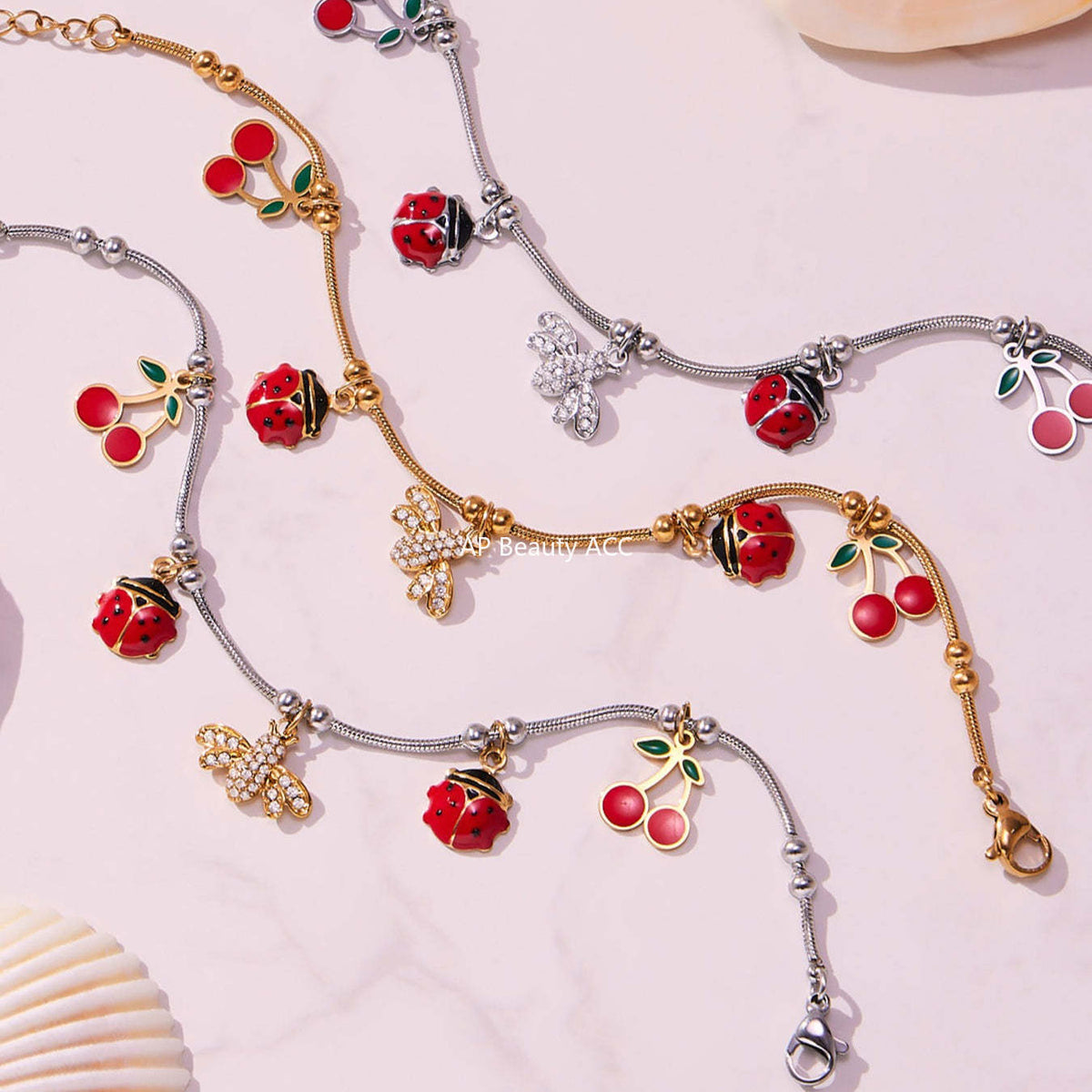 D관 - 스테인리스 스틸 큐빅 벌 체리 물방울 멀티 펜던트 팔찌 [E130-E160] 25.10-5