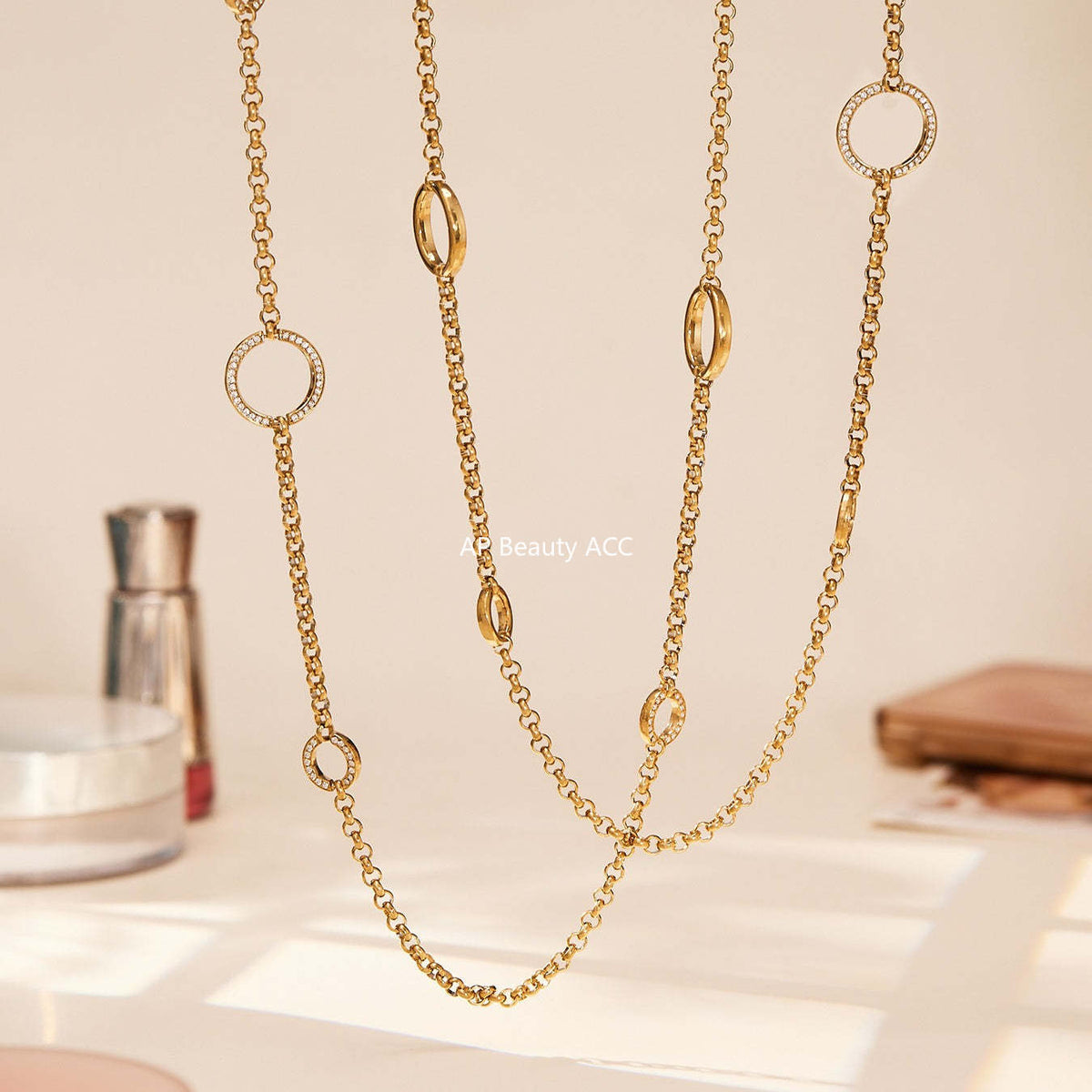 D관 - 큐빅 O체인 더블 레이어드 스테인리스 스틸 롱 목걸이 [M085] 25.11-3